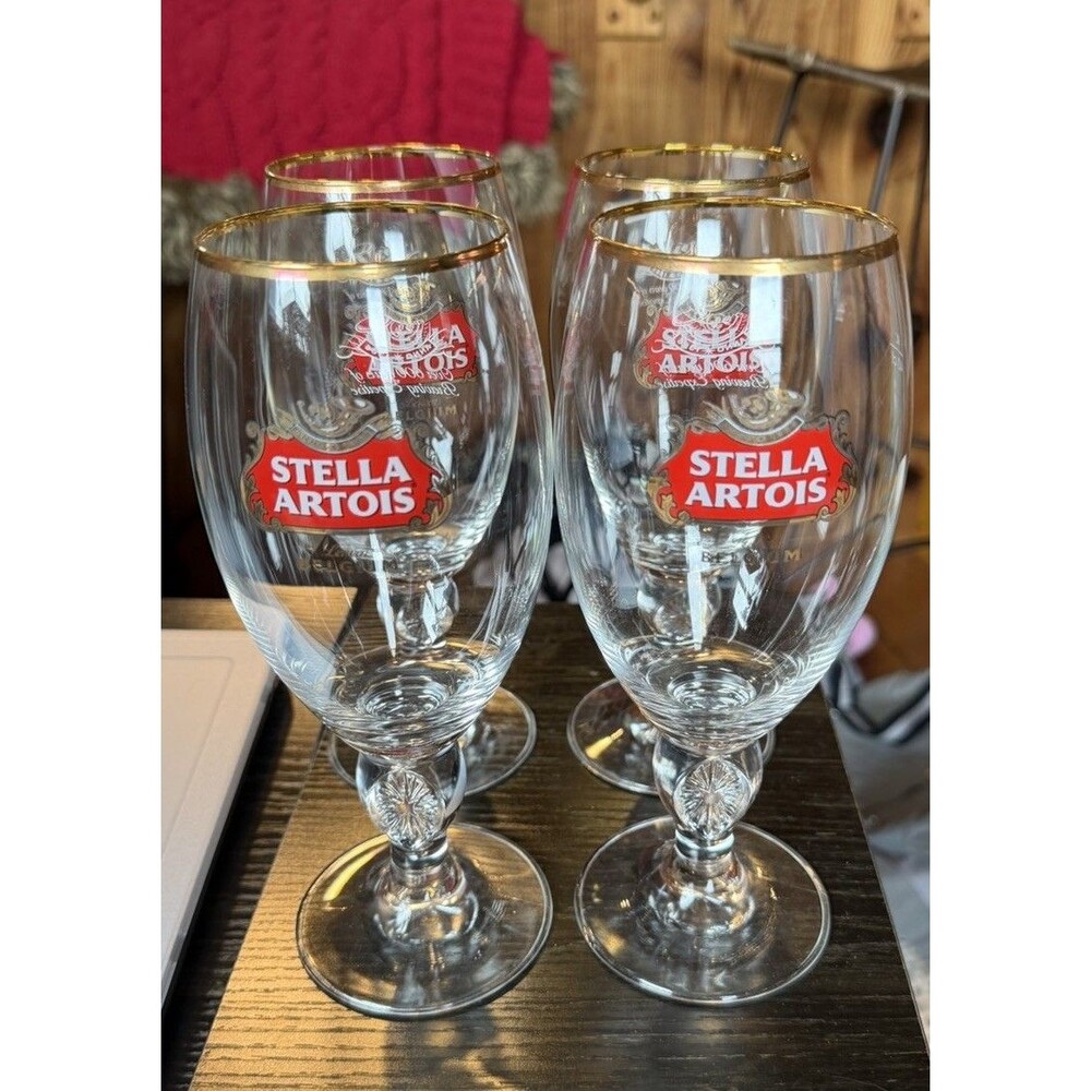 Official Stella Artois Chalice 40cl Gold Rimmed Beer Glass Belgium Set Of 4